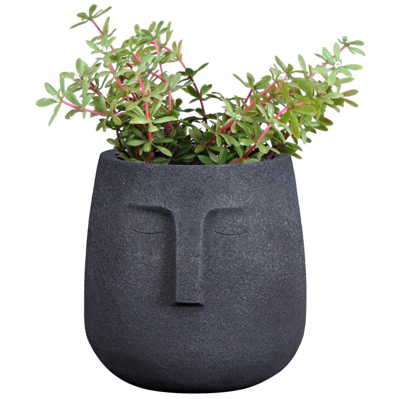 Textured Concrete Effect Face Oval Planter, 18.5cm H x 19cm W x 18cm D, Black