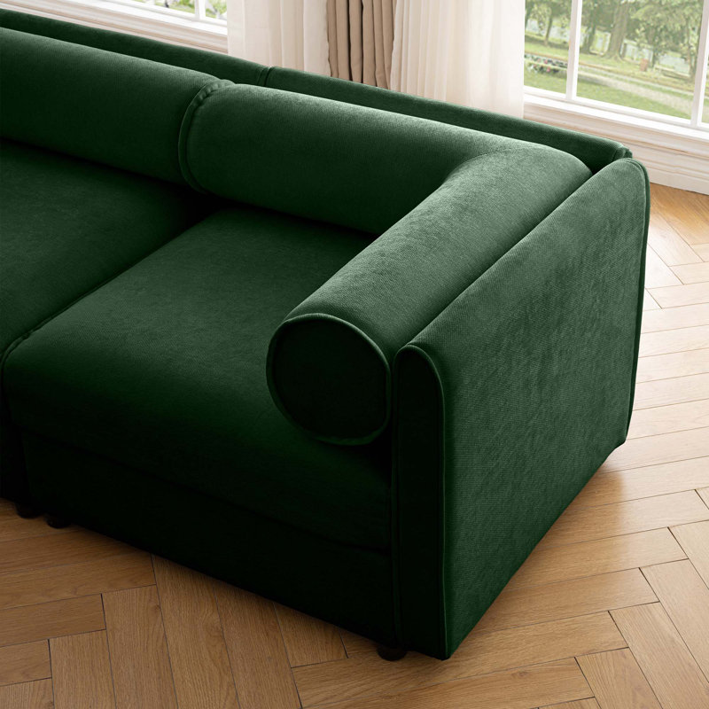 Canapé modulaire moderne en L de 5 pièces avec rangement et 1 repose-pieds avec rangement, Chenille verte