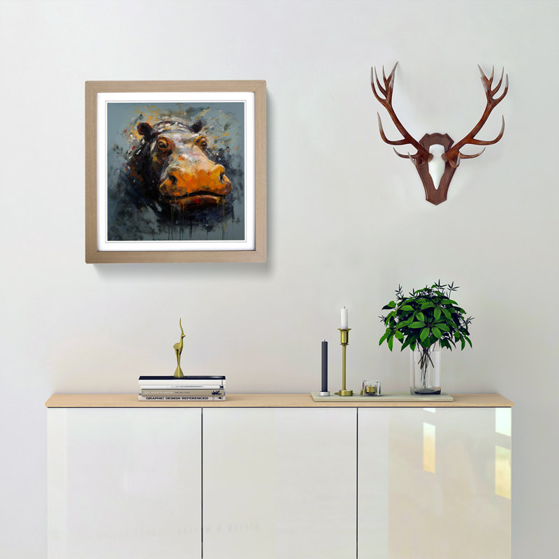 Hippo Expressionism - Single Picture Frame Print on Wood, Oak