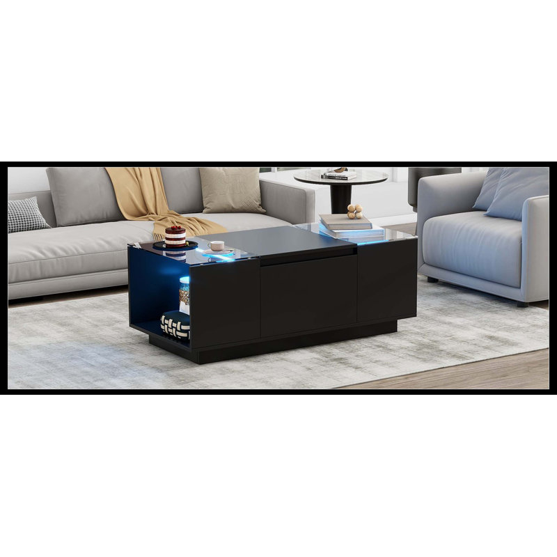 Table basse à DEL, centre de table moderne avec finition ultrabrillante et plateau en verre, table basse avec compartiment de rangement ouvert et 2 tiroirs cachés pour le salon
