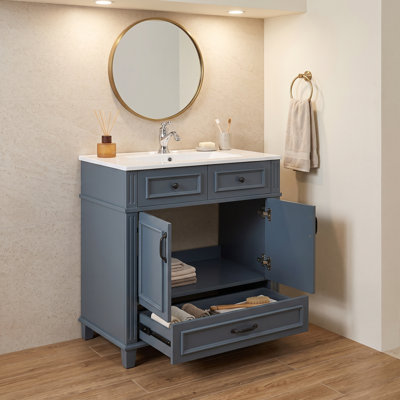 Meuble-lavabo de style rétro 30 po avec lavabo en céramique - Armoire de rangement à cadre en bois massif avec portes à fermeture en douceur pour les petites salles de bain ou les salles d'eau