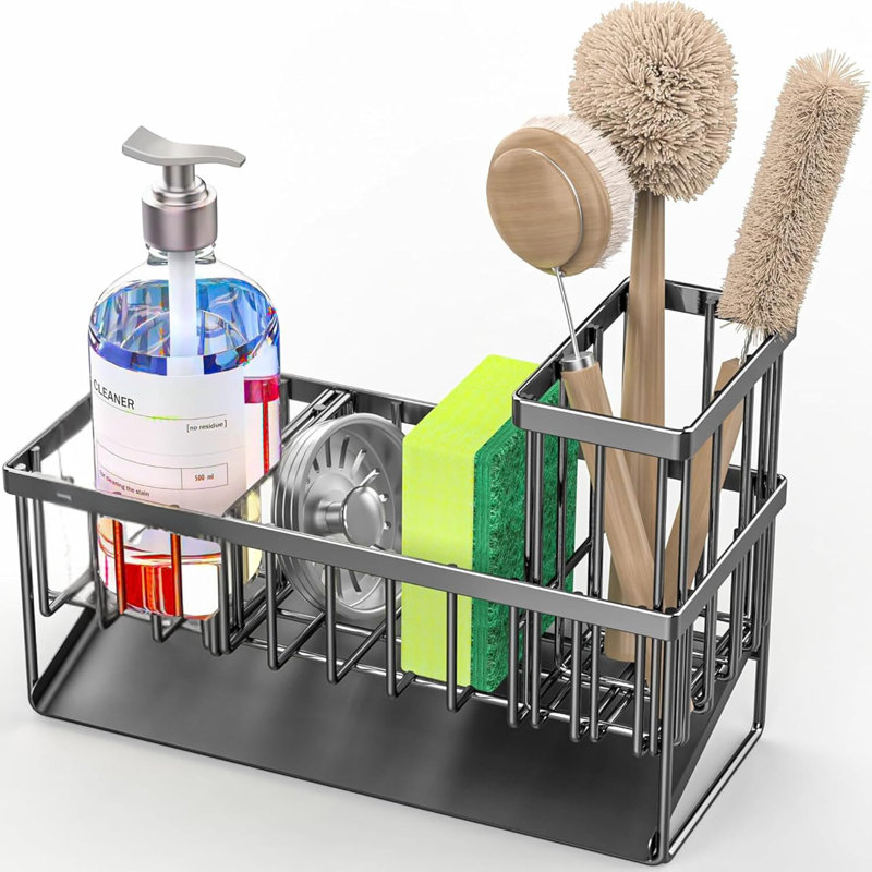 Kitchen Sink Caddy - Stainless Steel Sink Organizer With Sponge Holder And Brush Storage