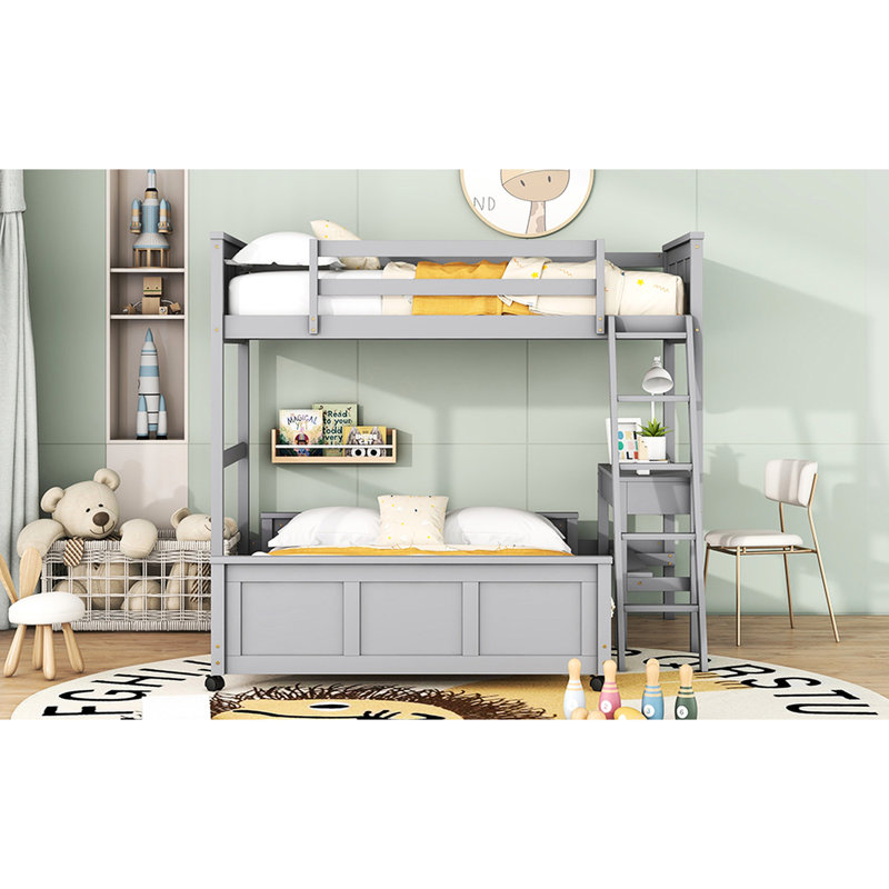 Lit superposé simple au-dessus d'un lit double avec bureau, abat-jour gris - bois massif et bureau polyvalent pour la chambre à coucher