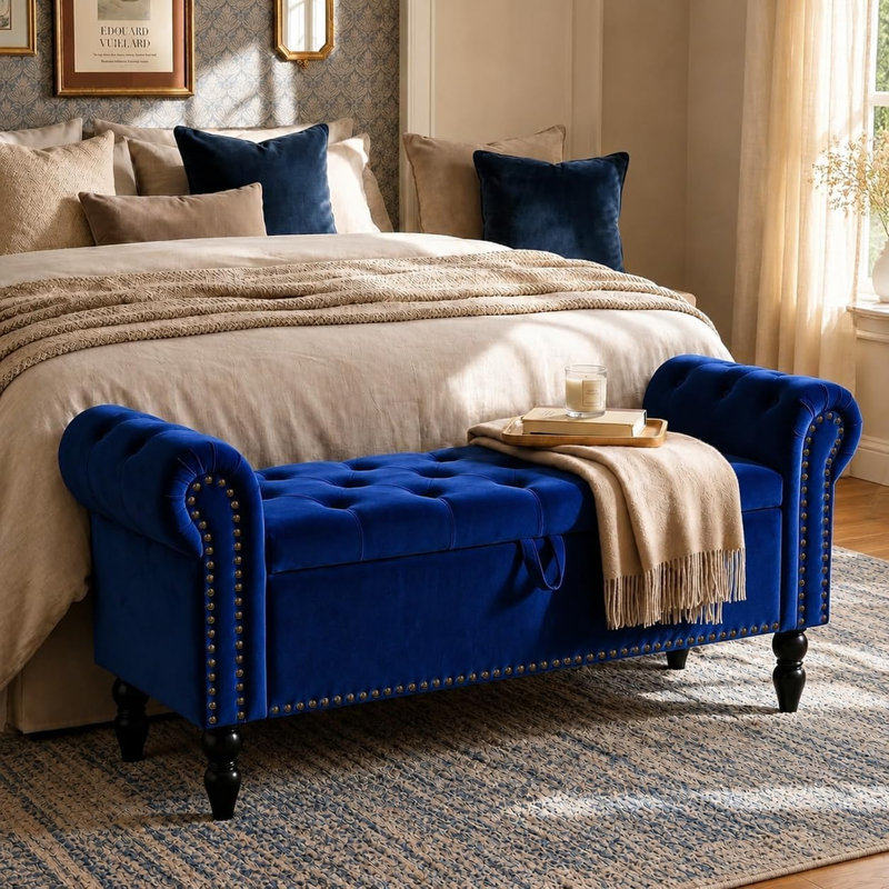 133cm Wide Velvet Standard Ottoman, Blue