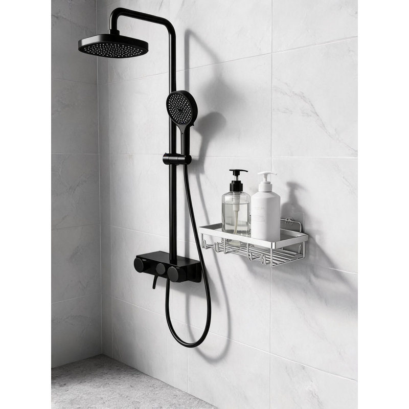 Serviteur de douche adhésif blanc avec crochets, tablette de rangement murale sans perceuse, organisateur en acier inoxydable antirouille pour les essentiels de la douche