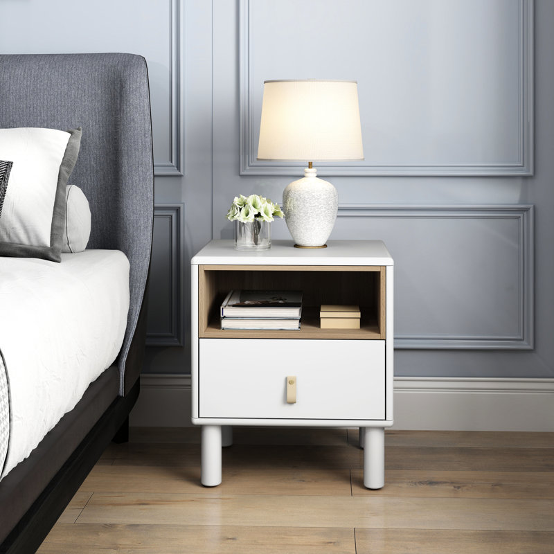 Nordic Design Wooden Bedside Table - Charming And Functional For Home Compact With Drawer Shelf In White Colour