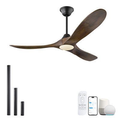 Ventilateur de plafond intelligent avec lumière et télécommande, télécommande et application, pales en bois massif, moteur à courant continu réversible