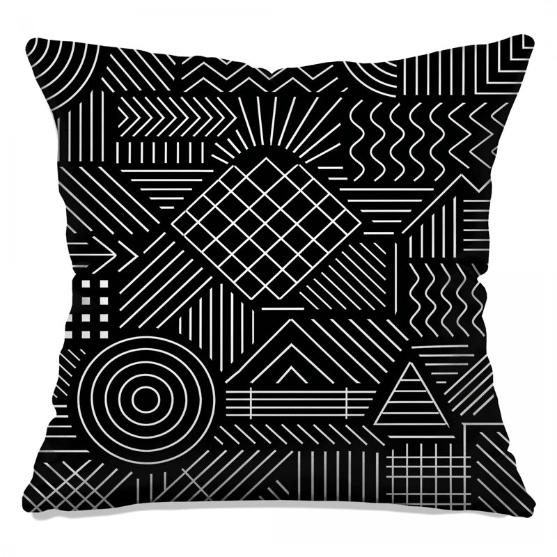 Coussins décoratifs noirs et blancs à lignes géométriques, 16 x 16 pouces