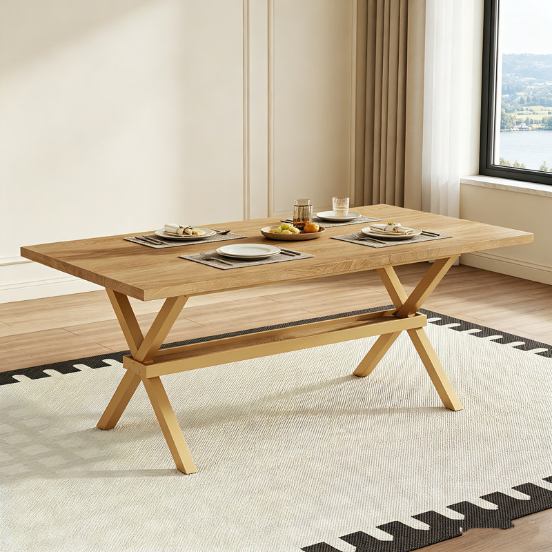 Plateau de table 71,2 po x 35,6 po de couleur claire, support en forme de X en métal, table de salle à manger simple, pour 6 à 8 personnes.