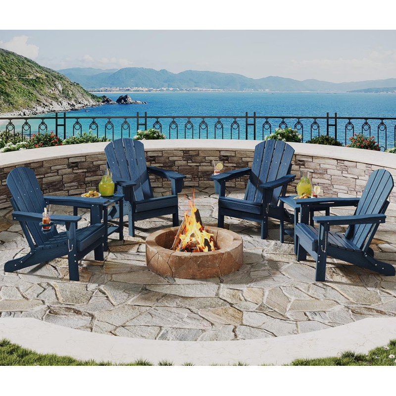 Folding Adirondack Chair Set of 4 w/ 2 Side Table, HDPE Outdoor Patio Chair with Cup Holder, All-Weather Textured for Deck, Garden, Fire Pit