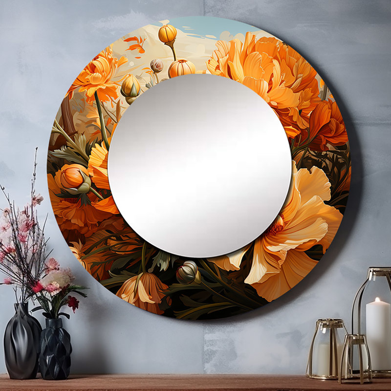 Or souci Marigold Melody I - grand miroir souci, miroir mural décoratif rond traditionnel, impression d'art en métal