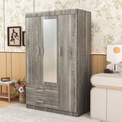 3-Door Wardrobe with Built-in Dressing Mirror, Clothes Rod and Secure Drawers