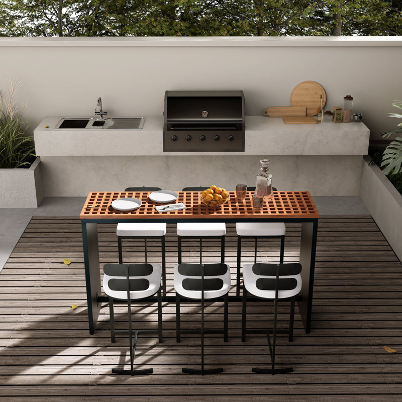 7 Pieces Rectangle Outdoor Patio Bar Dining Set with Teak Table and Chairs for 6 Person