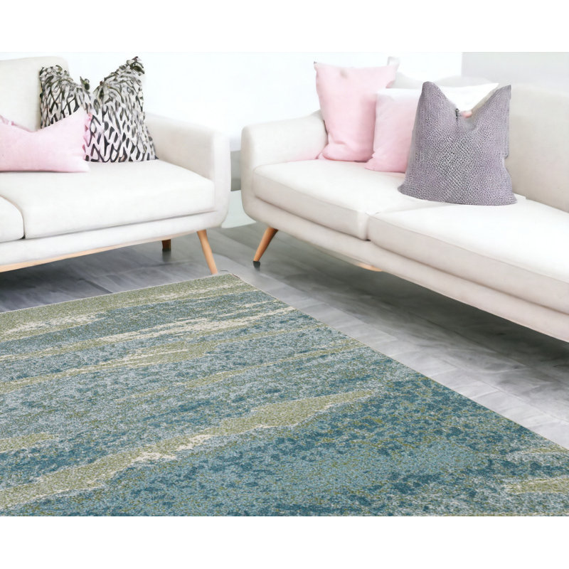Handmade Blue and Green Abstract Stain-Resistant Area Rug