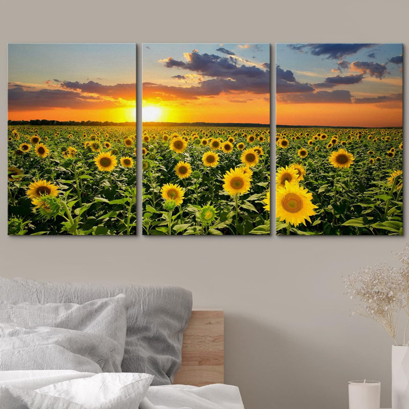 Champ de tournesols tournesols sur un fond de coucher de soleil - ensemble de 3 reproductions sur toiles tendues