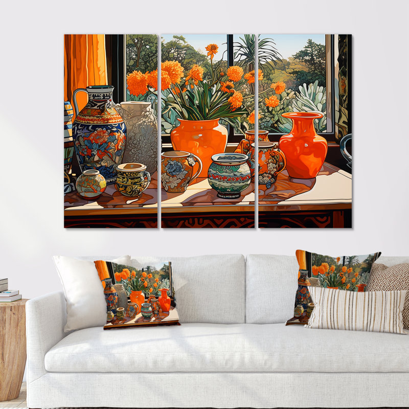 Fleurs orange, vase orange, ensemble de salon mural art floral, Toile tendue, H 40 po x l 60 po x P 1 po