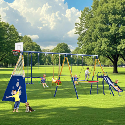 8 in1 Swing Sets for Backyard with Kids Slide Outdoor Heavy-Duty Metal Playset for Kids 550lbs Swing Set with Slide, Saucer Seat, 2 Belt Seat, Soccer