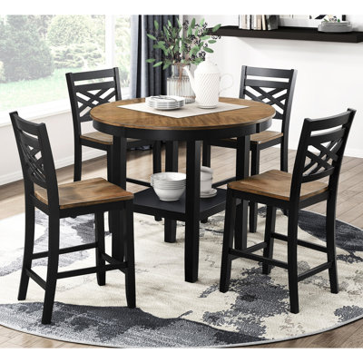 Table de salle à manger 5 pièces à hauteur de comptoir avec rangement et 4 chaises à finition bicolore rustique et moderne pour un coin 5 pièces brun noir contemporain