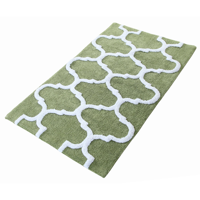 Anastatia Cotton Non-Slip Bath Rug, 50" x 30", Sage Green/White