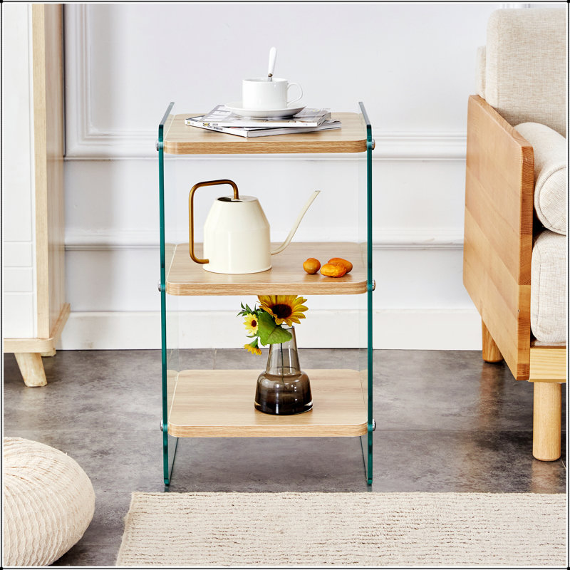Three levels of bedside tables. The board surface is MDF, with wood grain stickers, and both sides are transparent tempered glass. The design is simple and generous, with storage function.
