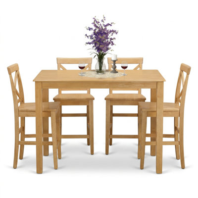 Warm Oak Asian Hardwood Rectangular 5 Piece Counter Height Dining Set With Wood Seat Stools