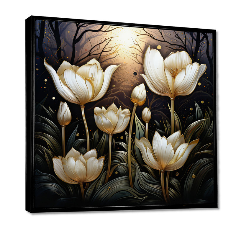 «Elegant Glam White Tulips In The Night», reproduction d'art murale fleur, H 16 po x l 16 po, Toile noire avec cadre flottant