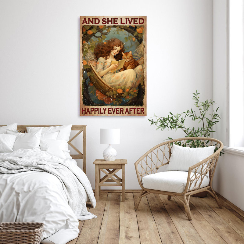 Cat And She Lived Happily Ever After - 1 Piece Rec " Cat And She Lived Happily Ever After - 1 Piece Rectangle Graphic Art Print On Wrapped Canvas "