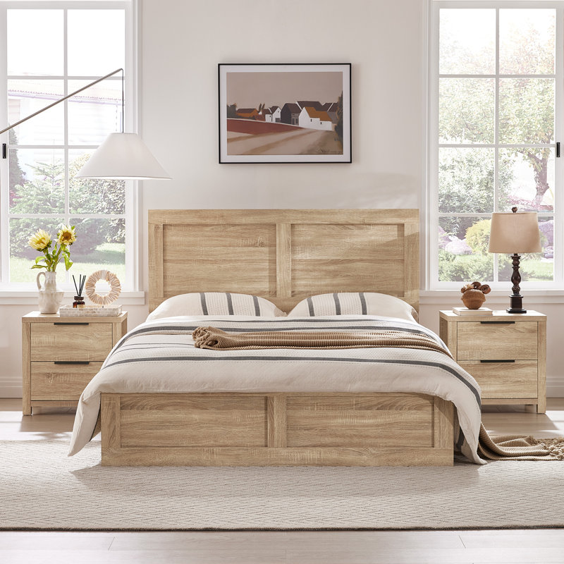 Farmhouse High Headboard Wood Platform Bed, Natural, Queen
