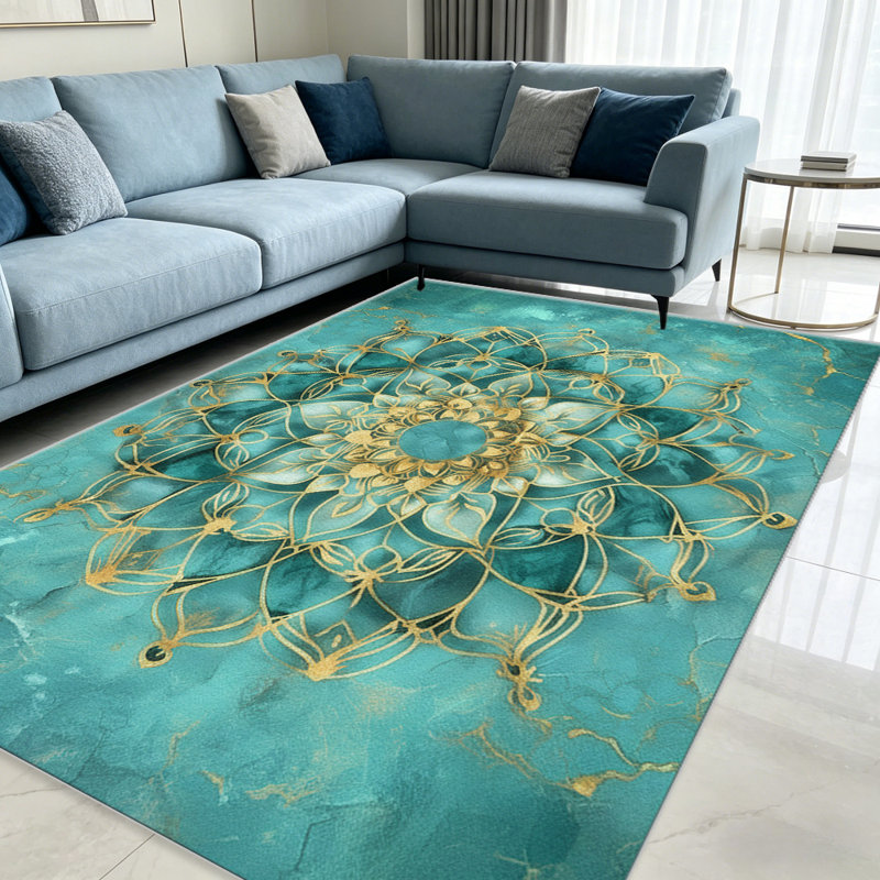 Teal Gold Mandala Marble   area rugs for Living Room, Soft and Comfortable, Suitable for all seasons, easy to maintain, machine washable Indoor floor mat, Under Table Farmhouse suitable for Bedroom, Dining Room, Study,  Balcony, Home Decor Patio