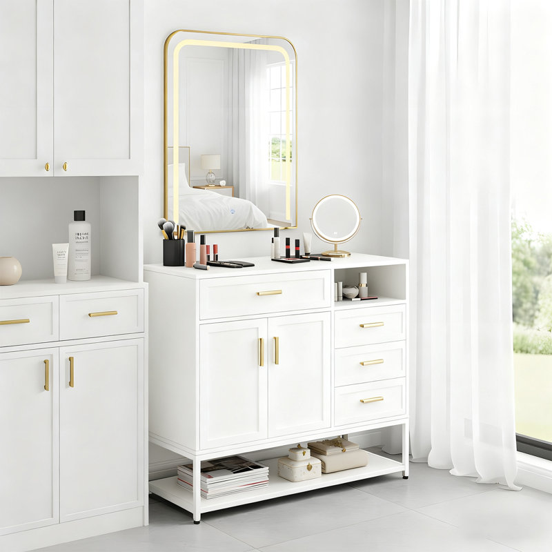 Free Standing Barber Cabinet with LED Mirror, Barber Station with 4 Drawers & 3 Hair Dryer Holders, Modern Beauty Dresser Barber Station for Hair Styling, Beauty Salon Spa Equipment