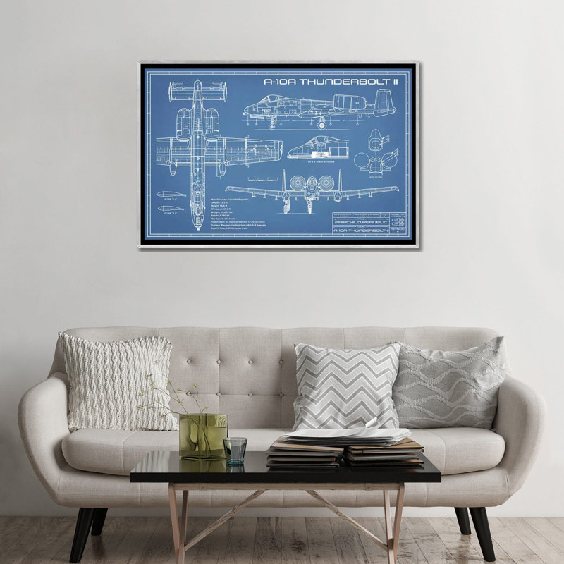 Blueprint d’avion C-130 Hercules-impression de dessin, Pas de tapis, H 26 po x l 40 po x 1,5 po, Toile avec cadre argent