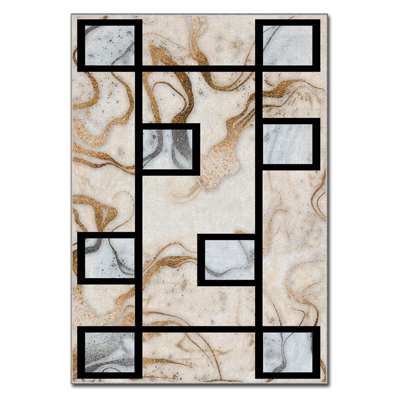 Tapis rectangulaire tissé à la machine en polyester ivoire / bleu Rectangle 71, Rectangle 4 pi 7 po x 7 pi 3 po