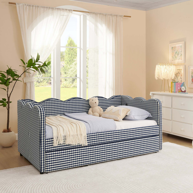 Cozy Gingham Daybed With Trundle Twin Size Sofa Bed No Box Spring Needed, With USB Port And Adorable Wave Shaped, Linen Fabric