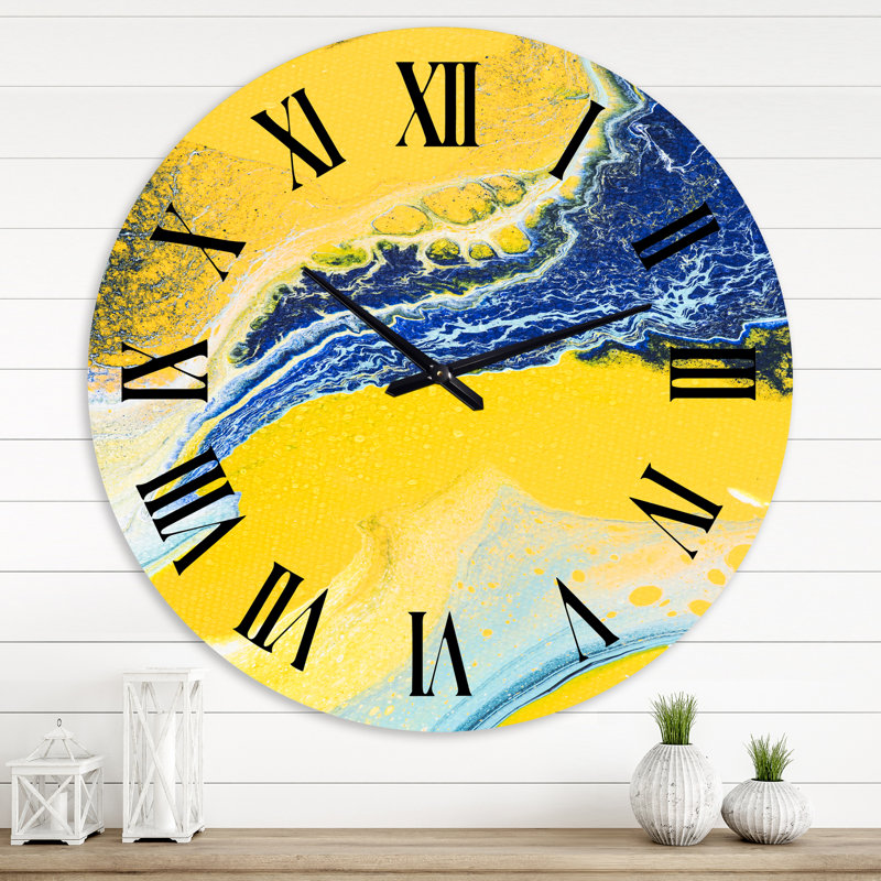 Composition abstraite en jaune et bleu VII - horloge murale moderne, Grand