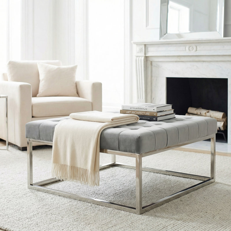 Kibwe Velvet Ottoman, Gray, Polished Chrome