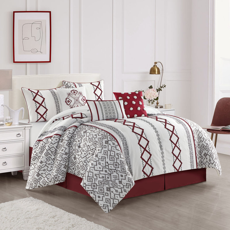 Ensemble d'édredon en microfibre 7 pièces Anthony, Édredon de très grande taille et 6 pièces suppl, Blanc /Rouge