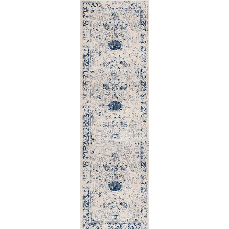 Rug Branch Naveen 2' x 8' (2'3" x 8') Navy Blue/Cream Floral Medallion Indoor Runner Rug, Contemporary, Low Pile, Stain-Resistant Hallway Carpet - Entryway, Mudroom, Bedroom, and Kitchen