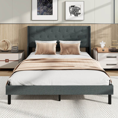 Structure de lit pour grand lit avec sommier tapissier en lin avec lattes en bois