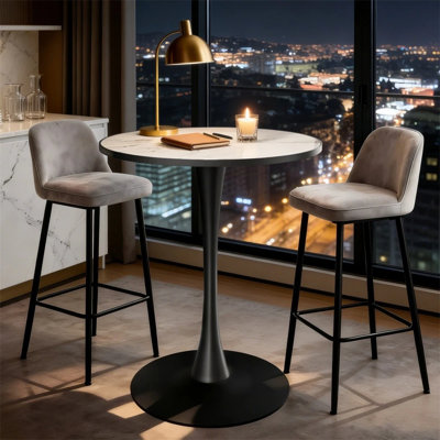 Pedestal Bar Table Round Sintered Stone Bistro Pub Table Leisure Cocktail Table For Bar, 30 Inch