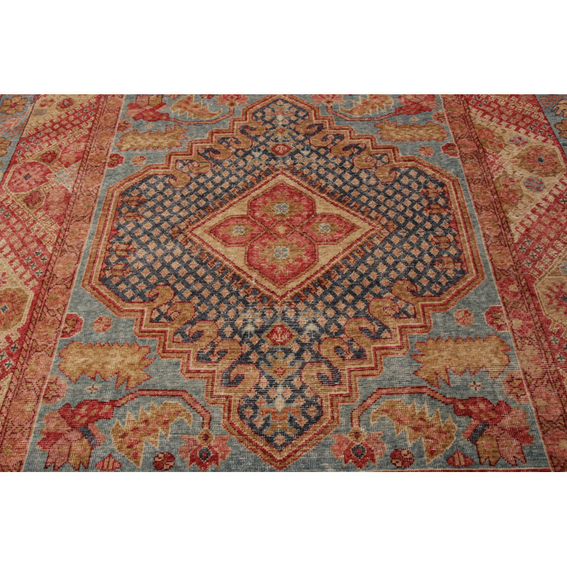 Distressed Homage Hand Knotted Wool Geometric Area Rug in Blue, Red, Gold, Brown, Pink, Runner 3' x 14'