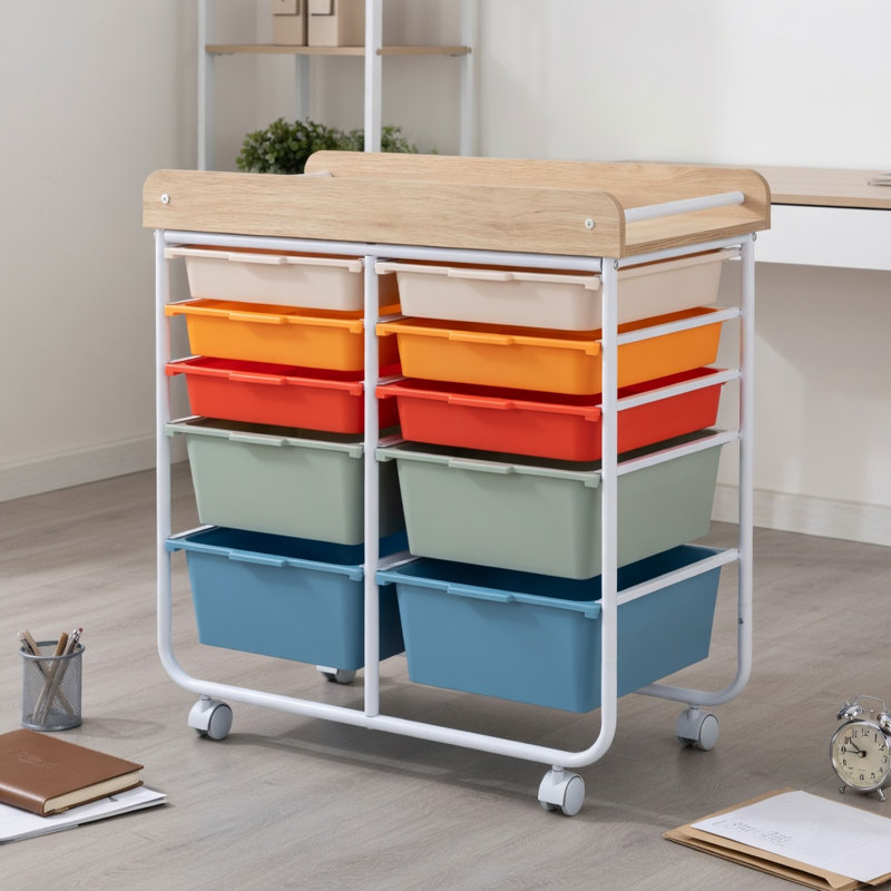  Chariot de rangement roulant à 10 tiroirs avec plateau en bois, roulettes verrouillables et tiroirs doubles, organisateur de bureau naturel + blanc pour la maison, la salle de classe et le studio, Macaron
