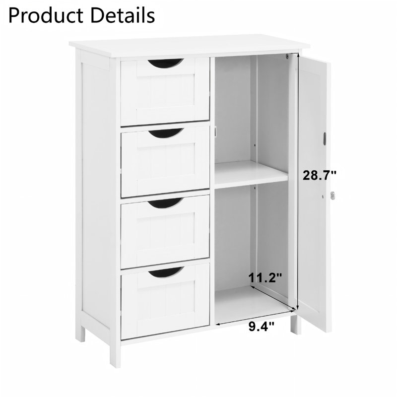 Armoire de plancher de salle de bain moderne blanche avec tablette réglable et 4 tiroirs
