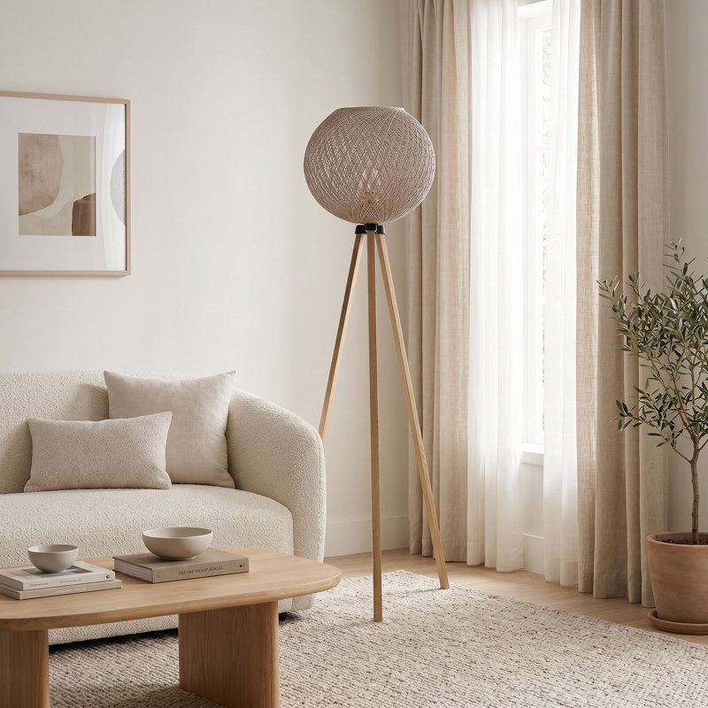 Elegant Floor Lamp, Cream Color, 57.1 in Height | Handmade Jute Shade (13.4 in Diameter) & MDF Body (0.1 in Thick) | Adjustable Cable Length (Max 78.7 in) | Ideal for Bohemian, Scandinavian & Southwestern Decor