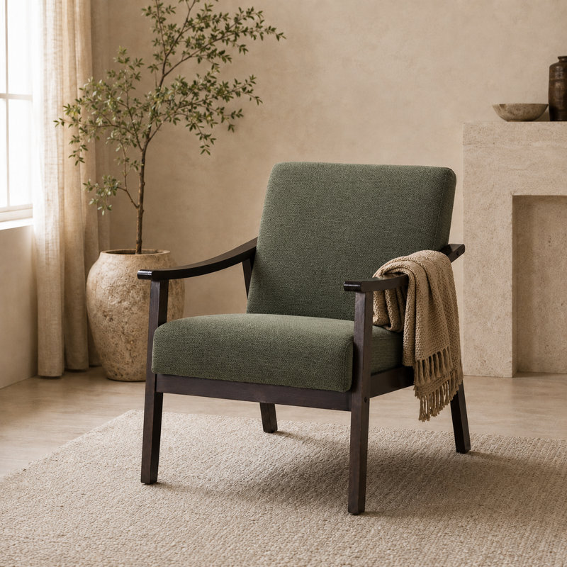 Fauteuil rembourré avec cadre en bois massif de style médiéval, Vert