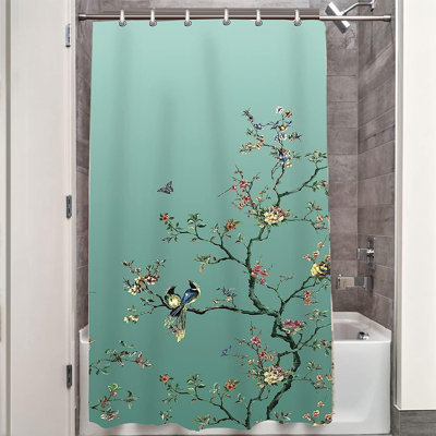 Bird Floral Butterfly Fabric Shower Curtain 90×180cm, Mould Proof Washable Bathroom Curtain with 12 Hooks