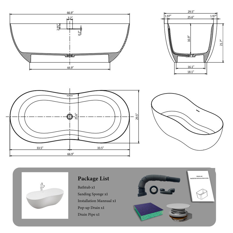 67" Freestanding Solid Surface Soaking Tub Organic Peanut Shell Shaped Tub In White