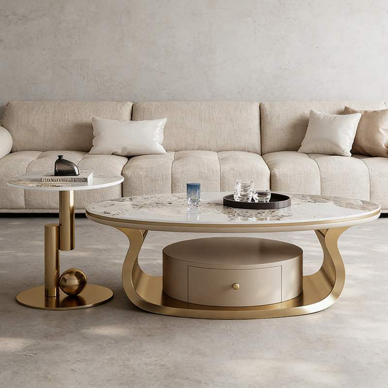 Ensemble de tables basses Modern avec base en acier inoxydable, H 16,53 po x L 55,11 po x l 31,49 po, Doré