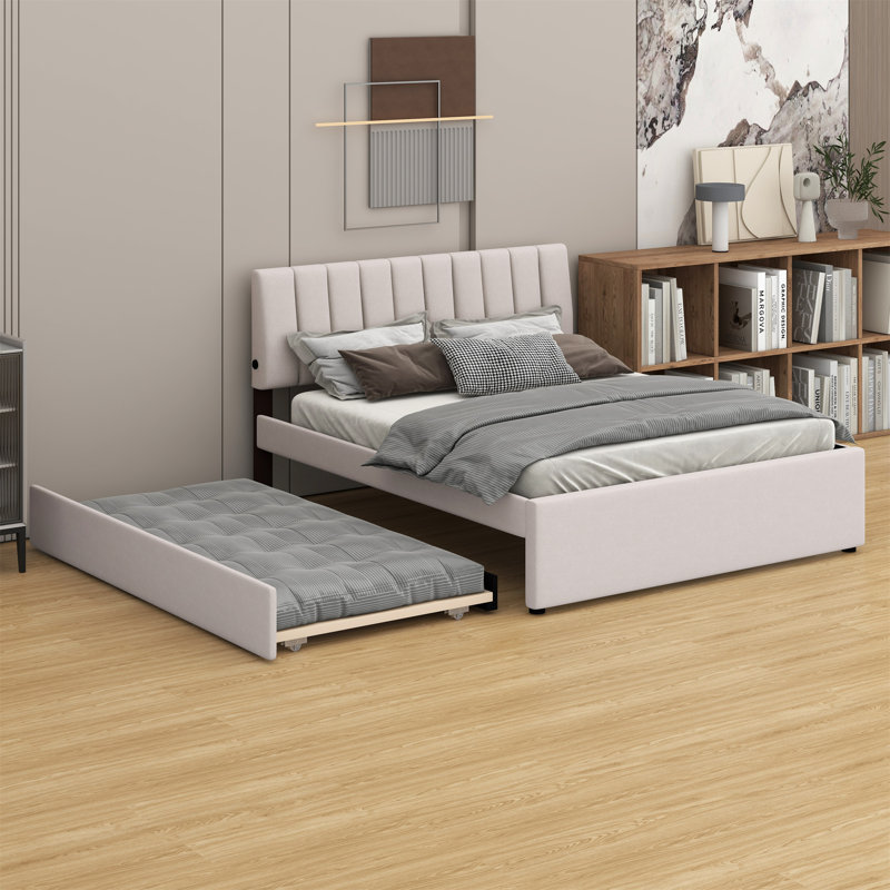 Lit plateforme tapissier avec lit gigogne, Beige