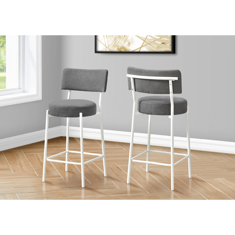 Barstool, Counter Height, Set Of 2, Kitchen, Grey Fabric, White Metal, Contemporary, Modern
