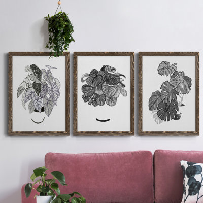 B&W d'intérieur plante I - ensemble de 3 peintures sur toile encadrées